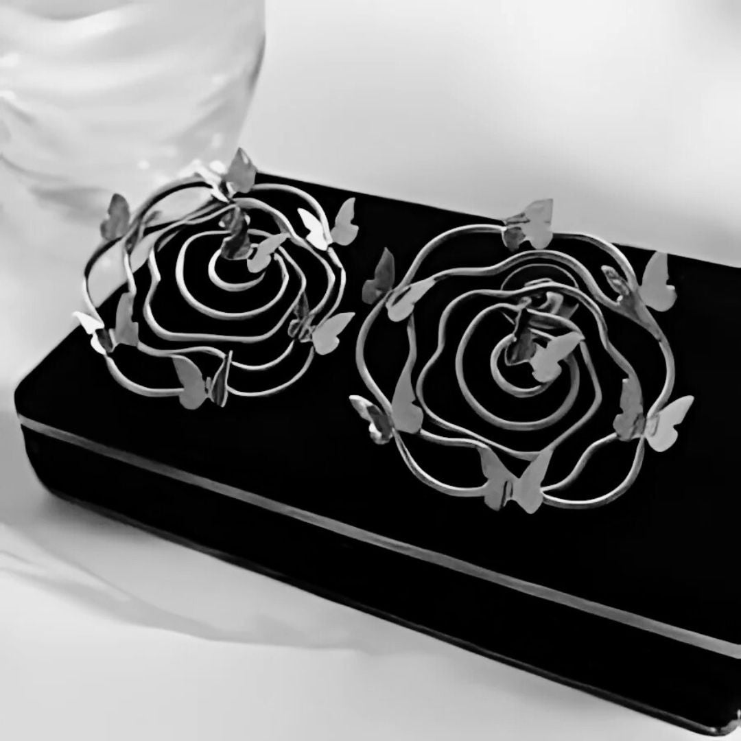 Whimsical Rose & Butterfly Studs | Artistic Wire Floral Studs with Butterfly Accents