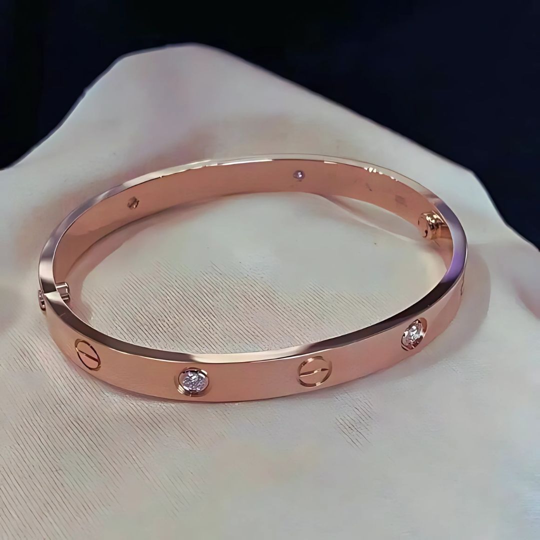 Screw Motif Love Bangle | Luxury Rose Gold Finish Bangle with Crystal Accents