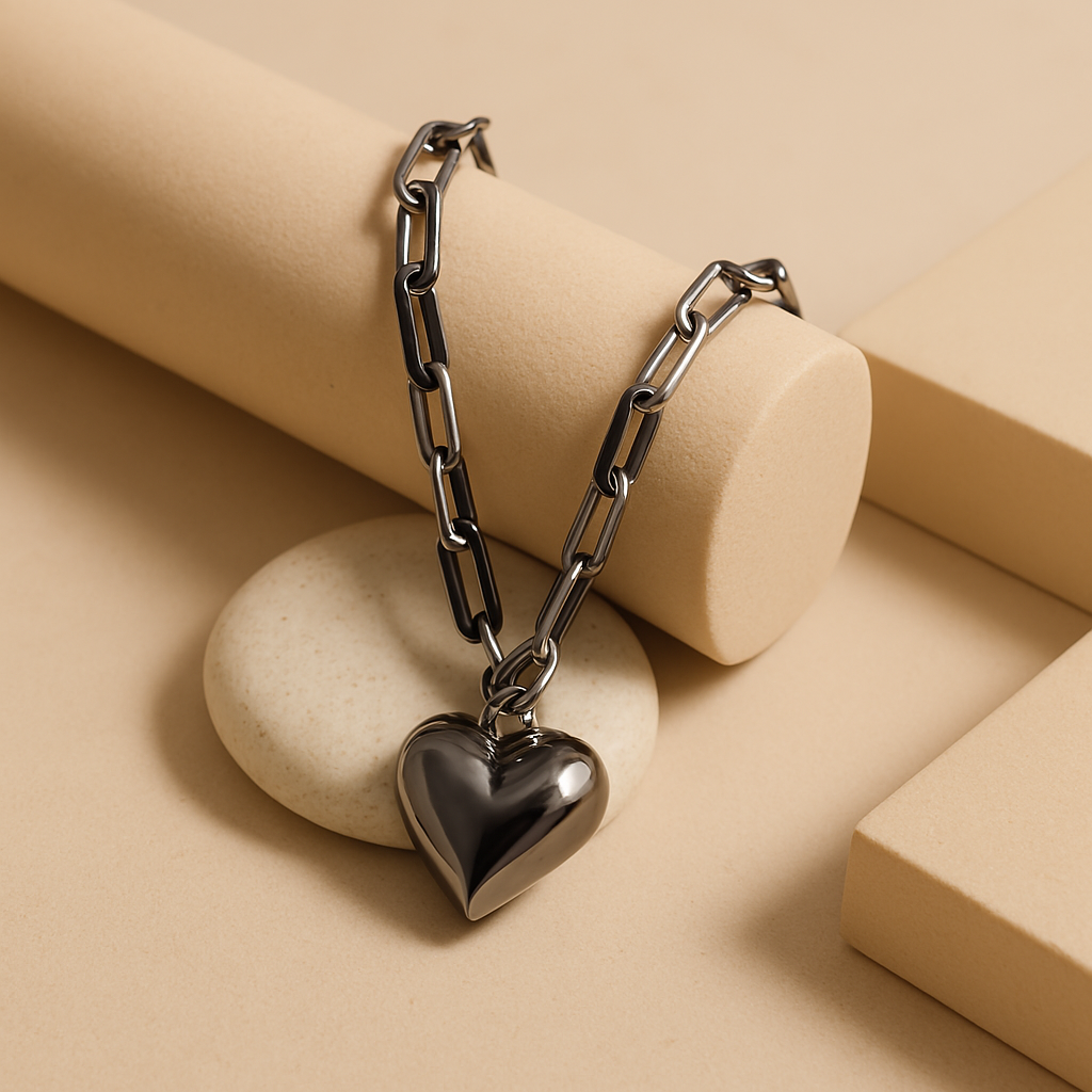 Bold Link Heart Necklace | Chunky Statement Necklace in Polished Stainless Steel