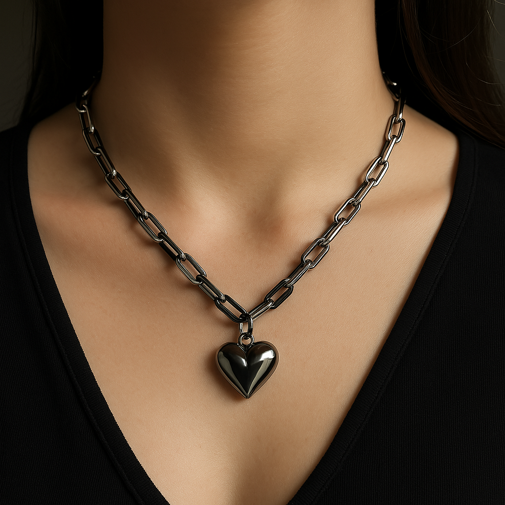 Bold Link Heart Necklace | Chunky Statement Necklace in Polished Stainless Steel