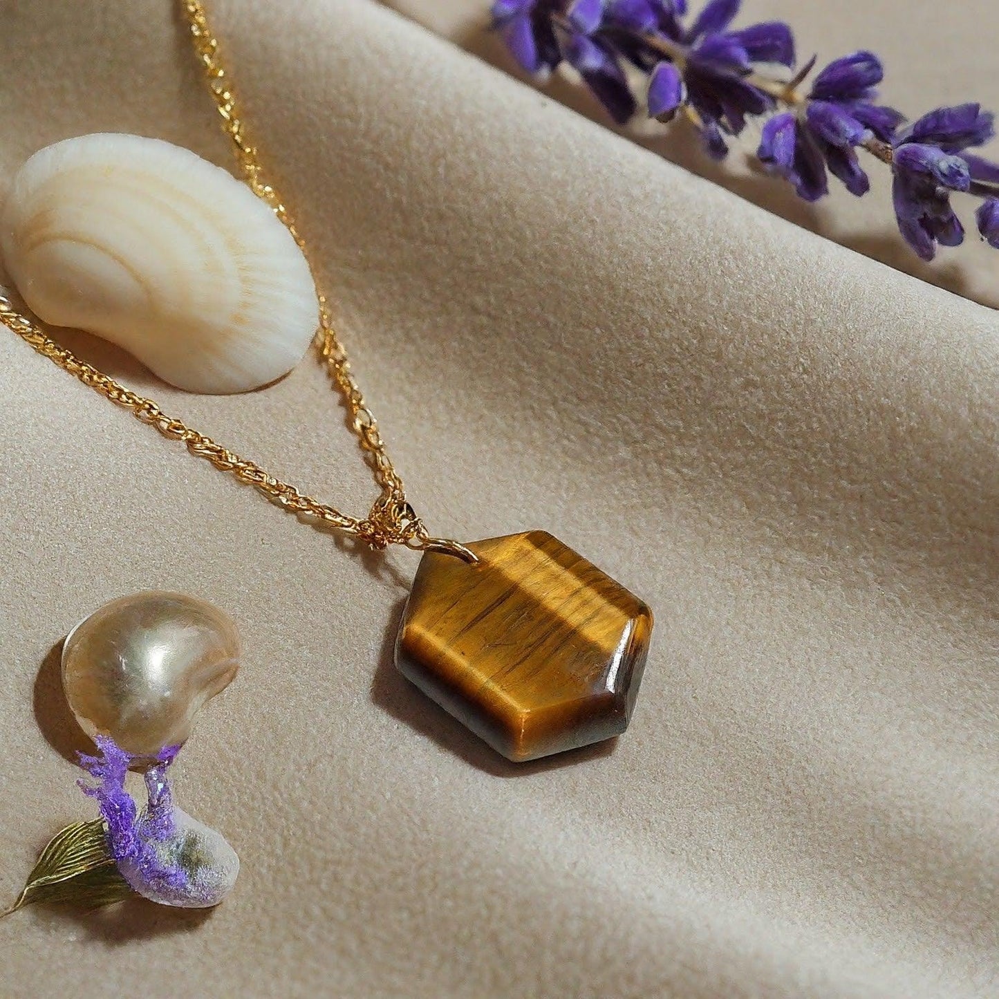 Tiger Eye Hexagonal Pendant | Natural Gemstone Pendant for Strength, Grounding & Modern Style