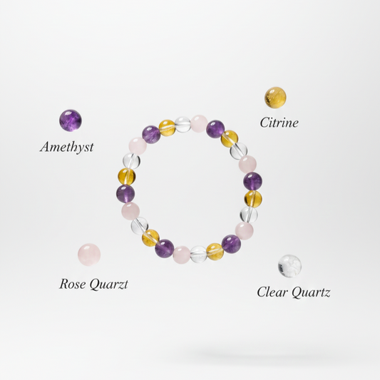 Amethyst Rose Quartz Citrine Clear Quartz Bracelet | Natural Healing Crystal Combination Bracelet for Love, Wealth, Clarity & Positive Energy