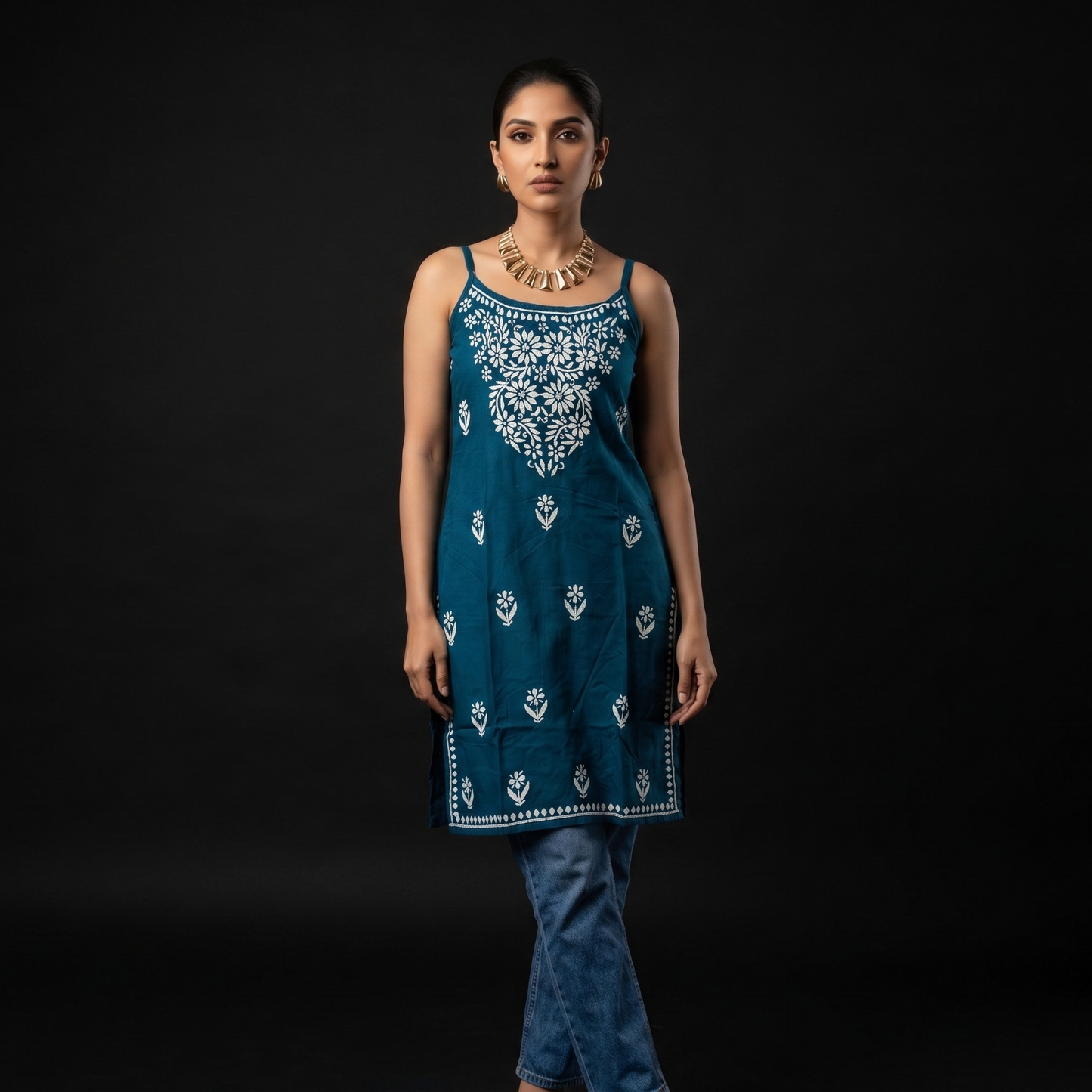 Luxe By Ana Women's Pure Cotton Sleeveless Lucknow Chikan Short Kurti | Hand Embroidered Summer Ethnic Top