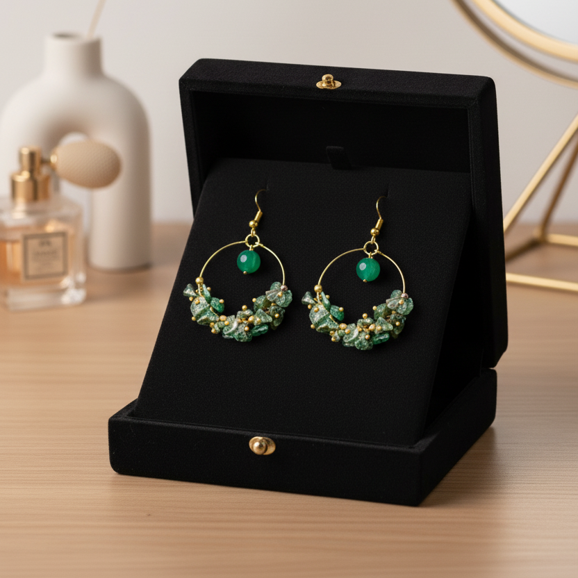 Green hoop earrings on a black stand with a perfume bottle and decorative vase in the background.