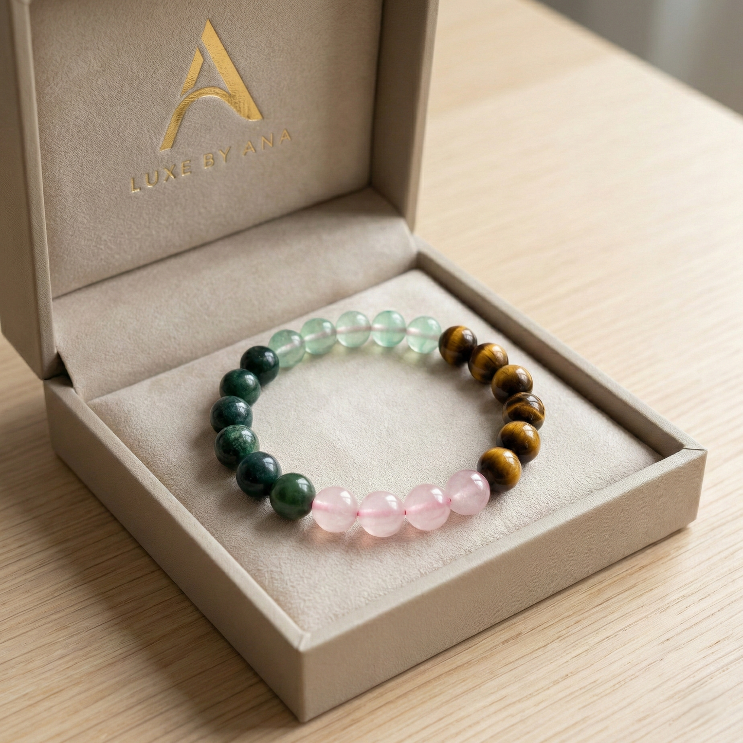 Green Aventurine Rose Quartz Tiger Eye Green Jade Bracelet | Natural Healing Crystal Bracelet for Luck, Love, Confidence & Prosperity