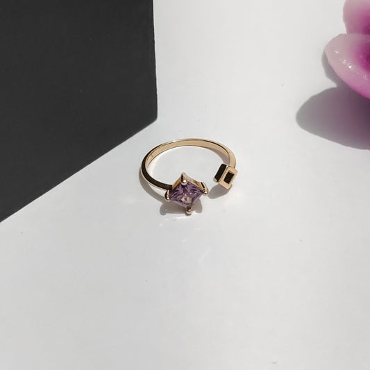 Calliope Ring | Gold Open Ring with Purple Square Gemstone & Geometric Detail