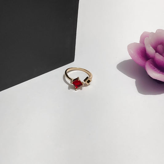 Calliope Ring | Gold Open Ring with Red Square Gemstone & Geometric Detail
