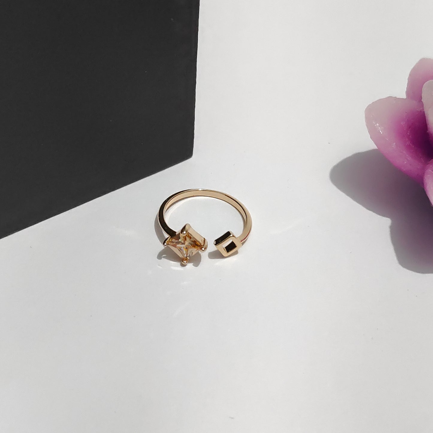 Calliope Ring | Gold Open Ring with Pink Square Gemstone & Geometric Detail