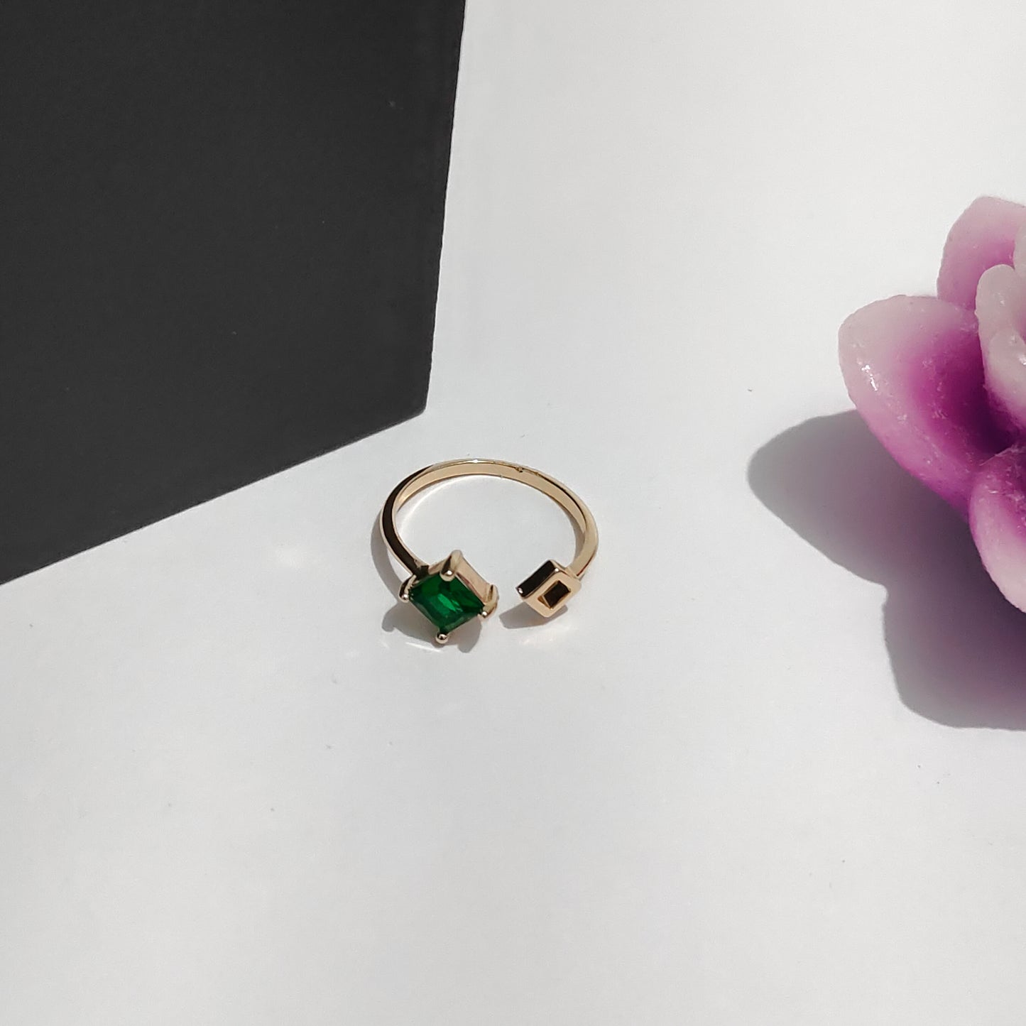 Calliope Ring | Gold Open Ring with Green Square Gemstone & Geometric Detail