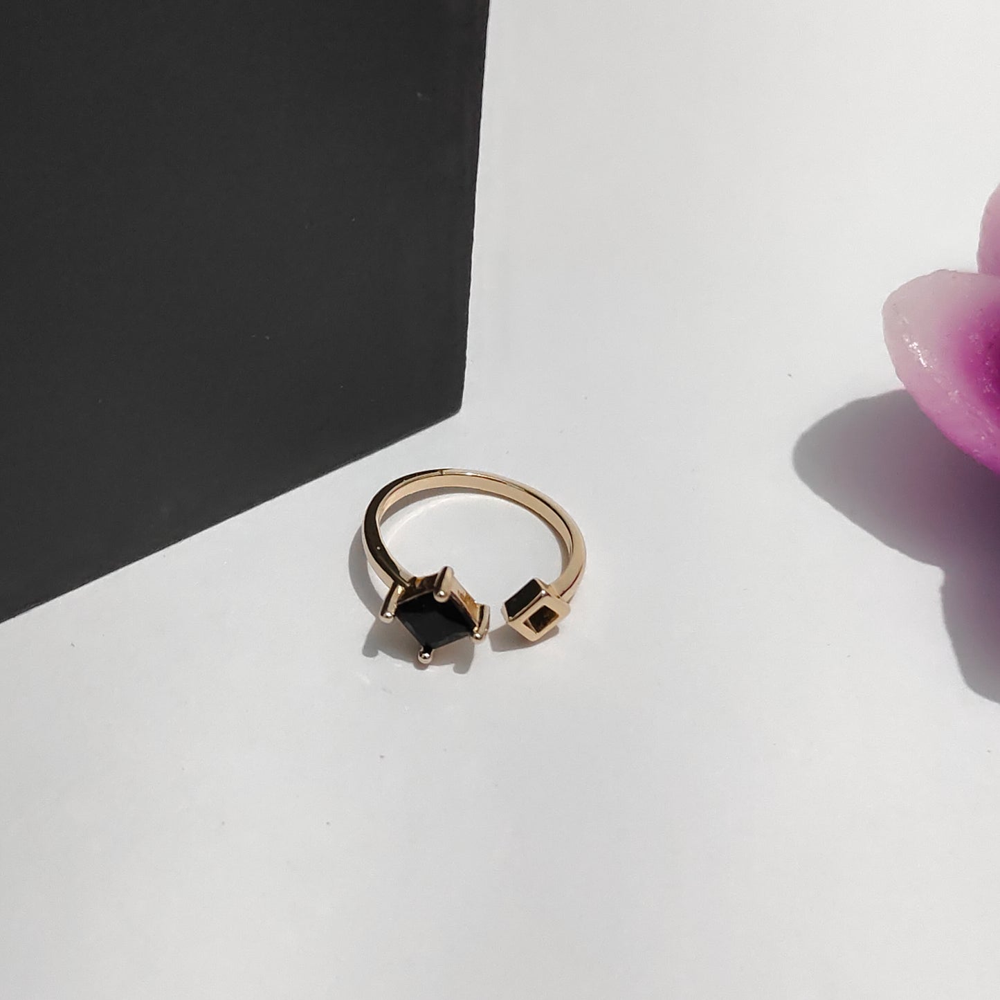 Calliope Ring | Gold Open Ring with Black Square Gemstone & Geometric Detail