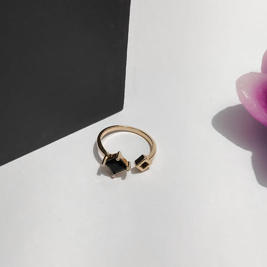 Calliope Ring | Gold Open Ring with Black Square Gemstone & Geometric Detail