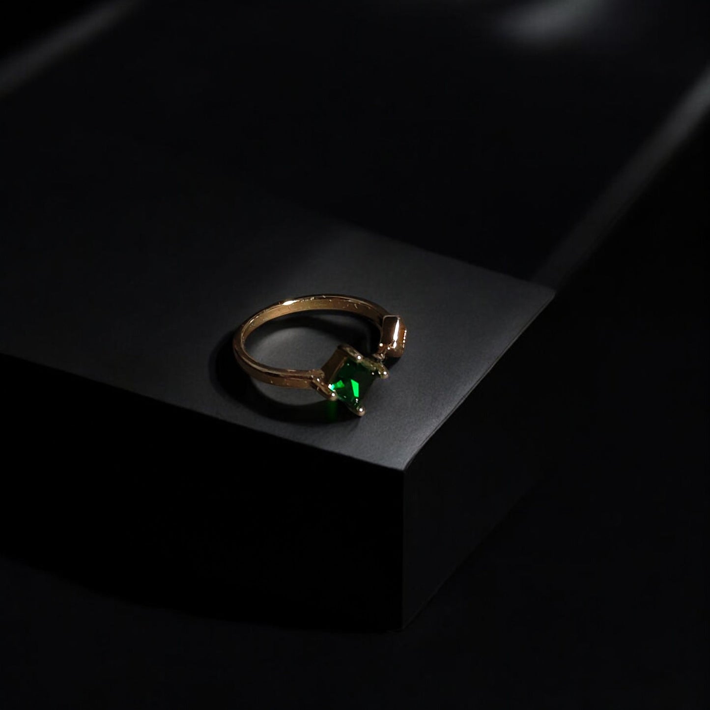 Calliope Ring | Gold Open Ring with Green Square Gemstone & Geometric Detail