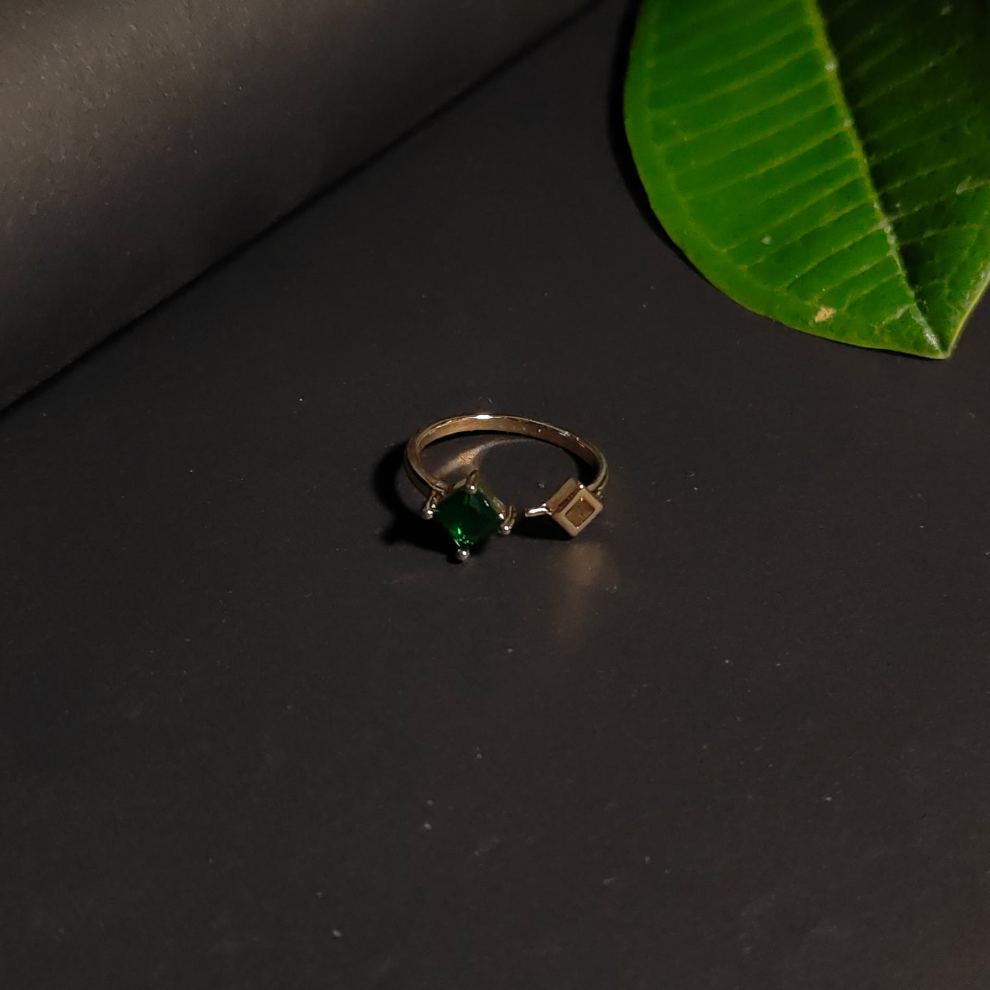 Calliope Ring | Gold Open Ring with Green Square Gemstone & Geometric Detail