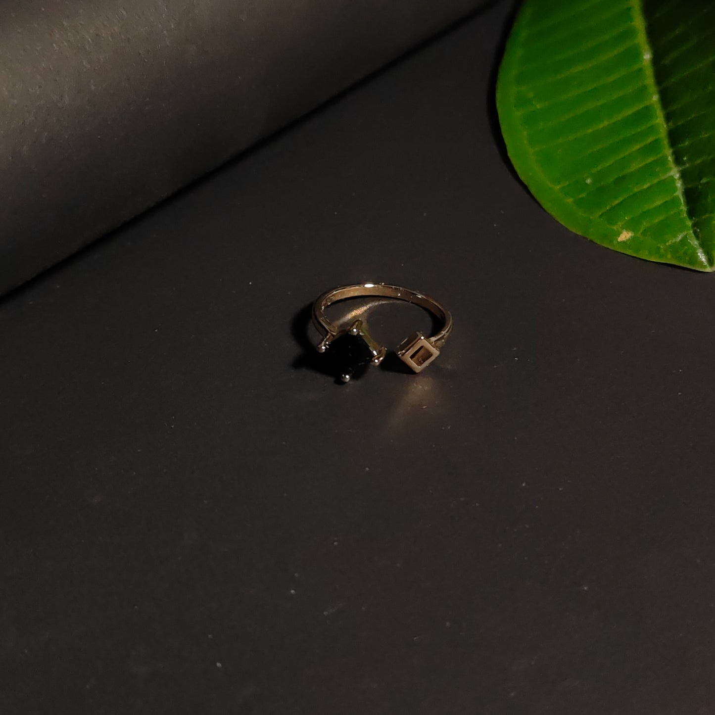 Calliope Ring | Gold Open Ring with Black Square Gemstone & Geometric Detail