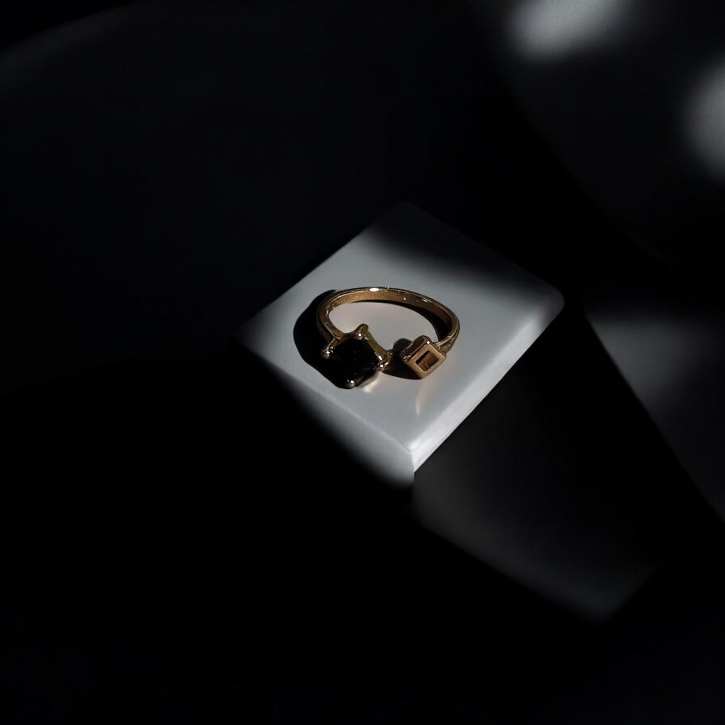 Calliope Ring | Gold Open Ring with Black Square Gemstone & Geometric Detail