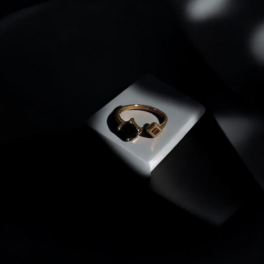Calliope Ring | Gold Open Ring with Black Square Gemstone & Geometric Detail