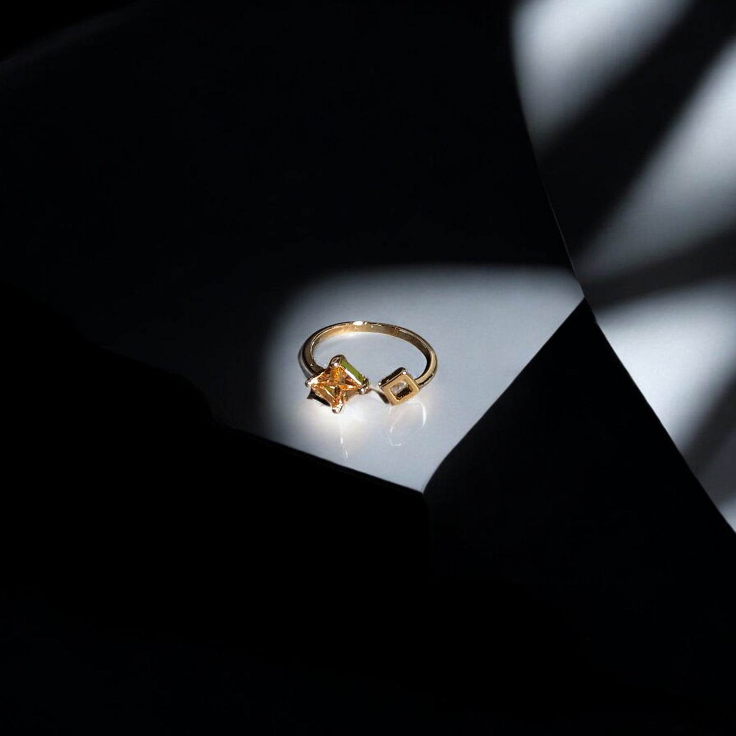 Calliope Ring | Gold Open Ring with Yellow Square Gemstone & Geometric Detail