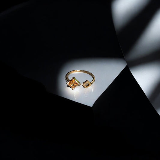 Calliope Ring | Gold Open Ring with Yellow Square Gemstone & Geometric Detail