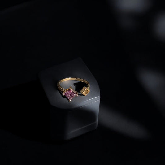 Calliope Ring | Gold Open Ring with Purple Square Gemstone & Geometric Detail