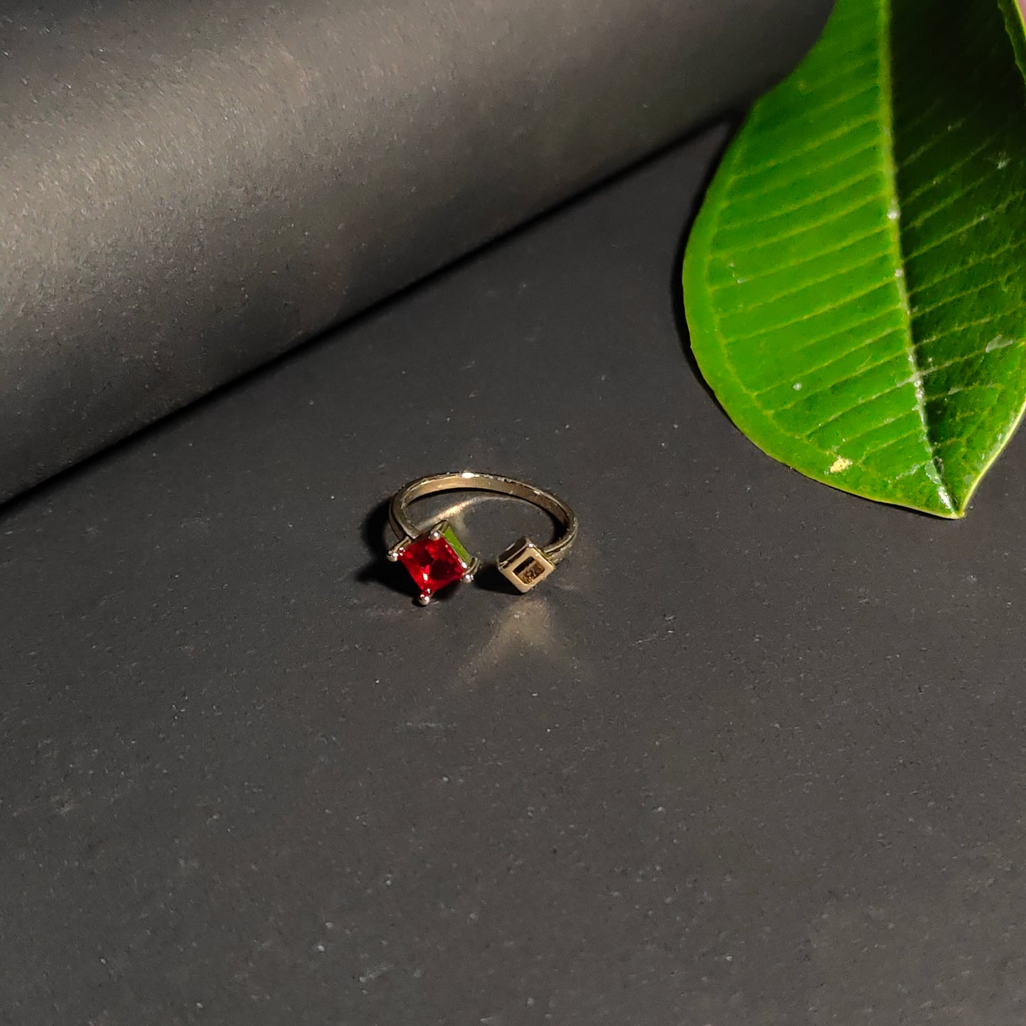 Calliope Ring | Gold Open Ring with Red Square Gemstone & Geometric Detail