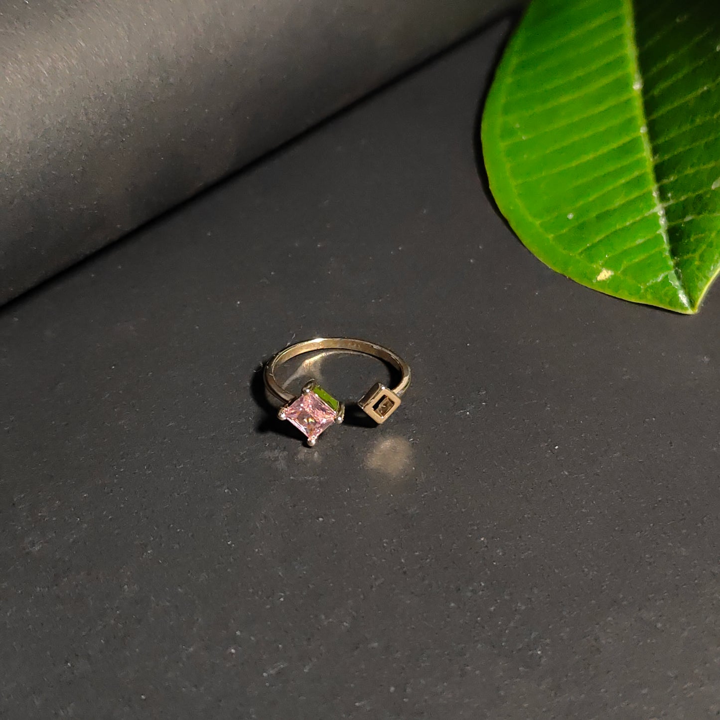 Calliope Ring | Gold Open Ring with Pink Square Gemstone & Geometric Detail