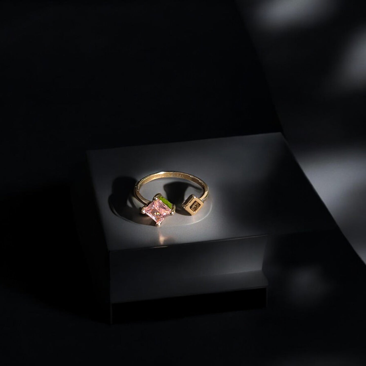 Calliope Ring | Gold Open Ring with Pink Square Gemstone & Geometric Detail