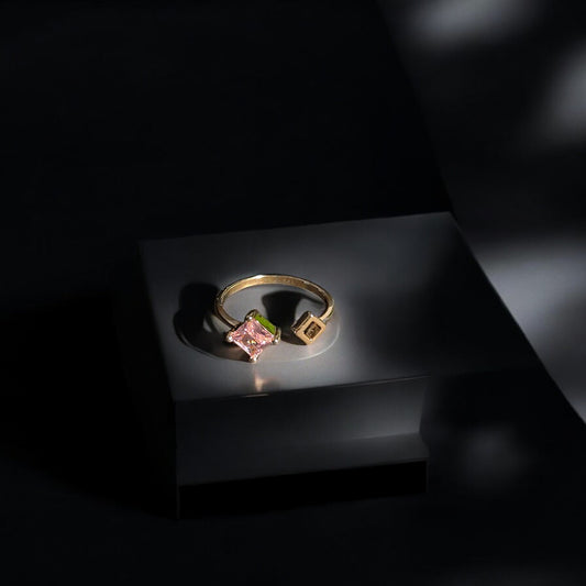 Calliope Ring | Gold Open Ring with Pink Square Gemstone & Geometric Detail