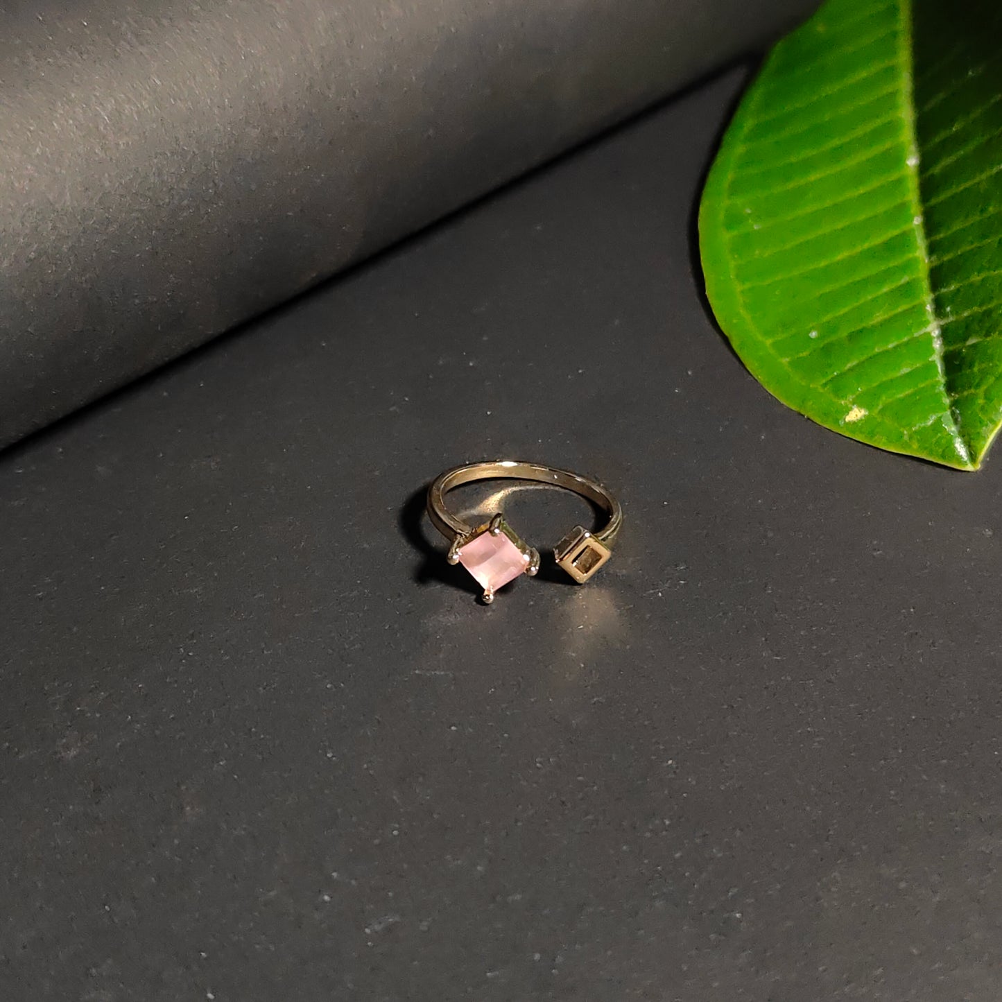Calliope Ring | Gold Open Ring with Pink Square Gemstone & Geometric Detail
