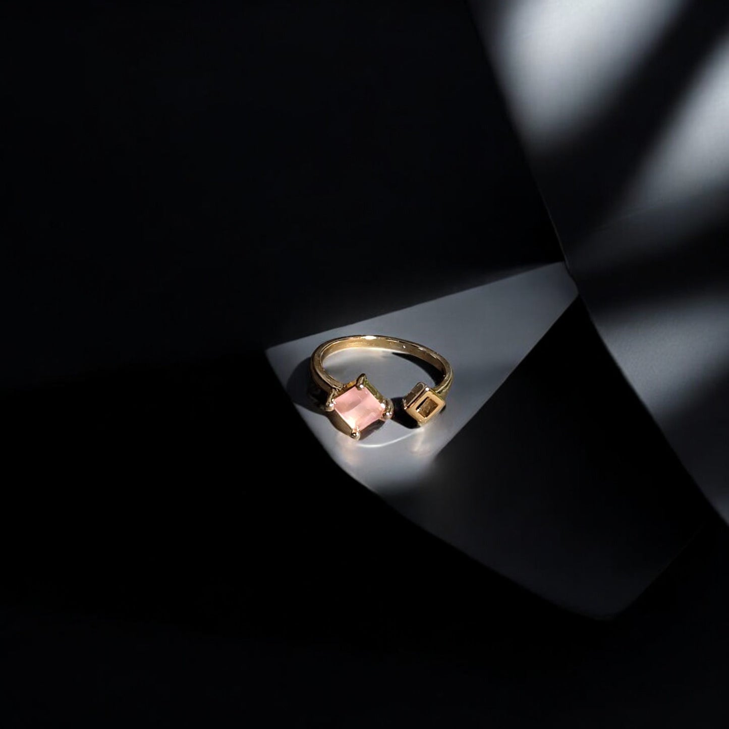 Calliope Ring | Gold Open Ring with Pink Square Gemstone & Geometric Detail
