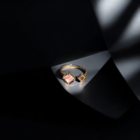Calliope Ring | Gold Open Ring with Pink Square Gemstone & Geometric Detail