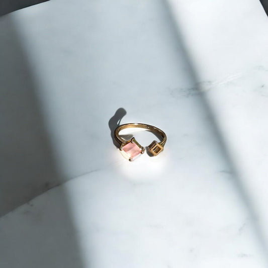 Calliope Ring | Gold Open Ring with Pink Square Gemstone & Geometric Detail