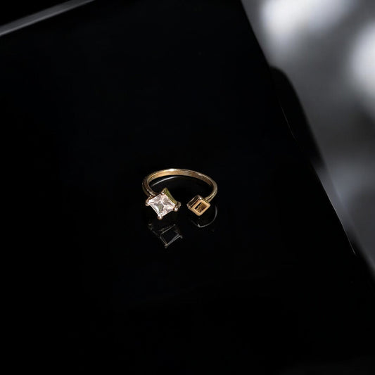 Calliope Ring | Gold Open Ring with Crystal Square Gemstone & Geometric Detail