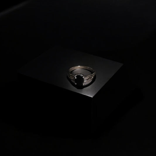 Black Spinel Solitaire Ring | Oval Black Gemstone Bezel Set Ring for Women