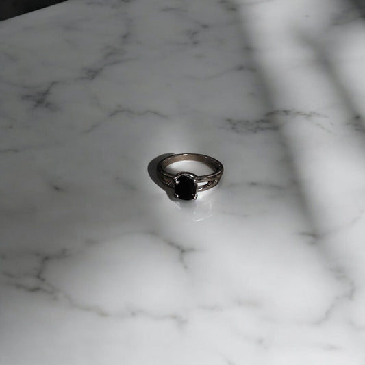 Black Spinel Solitaire Ring | Oval Black Gemstone Bezel Set Ring for Women