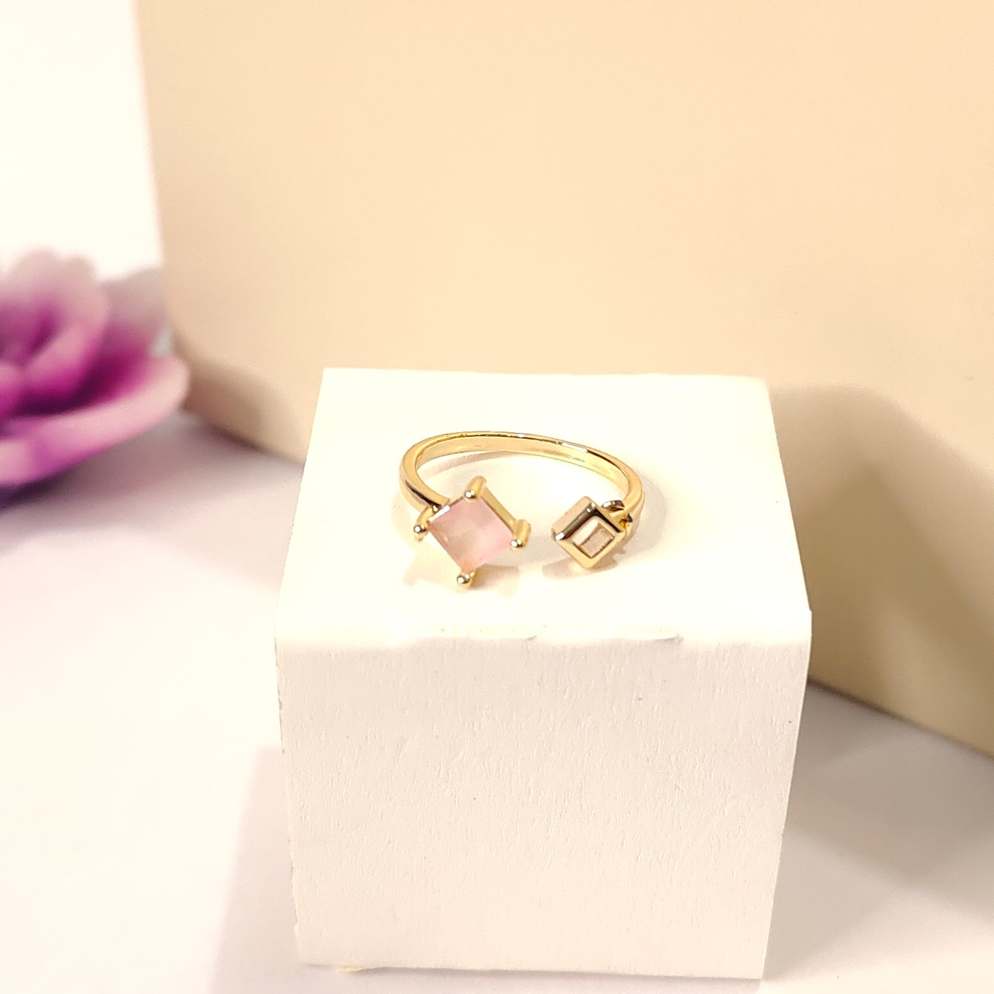 Calliope Ring | Gold Open Ring with Pink Square Gemstone & Geometric Detail