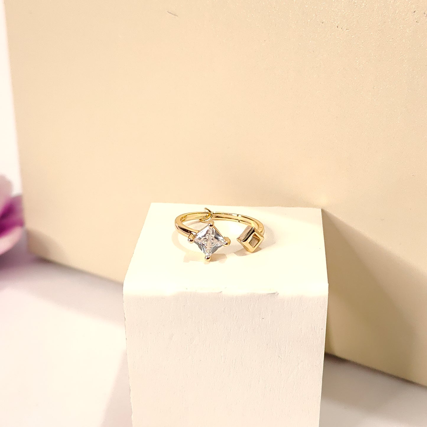 Calliope Ring | Gold Open Ring with Crystal Square Gemstone & Geometric Detail