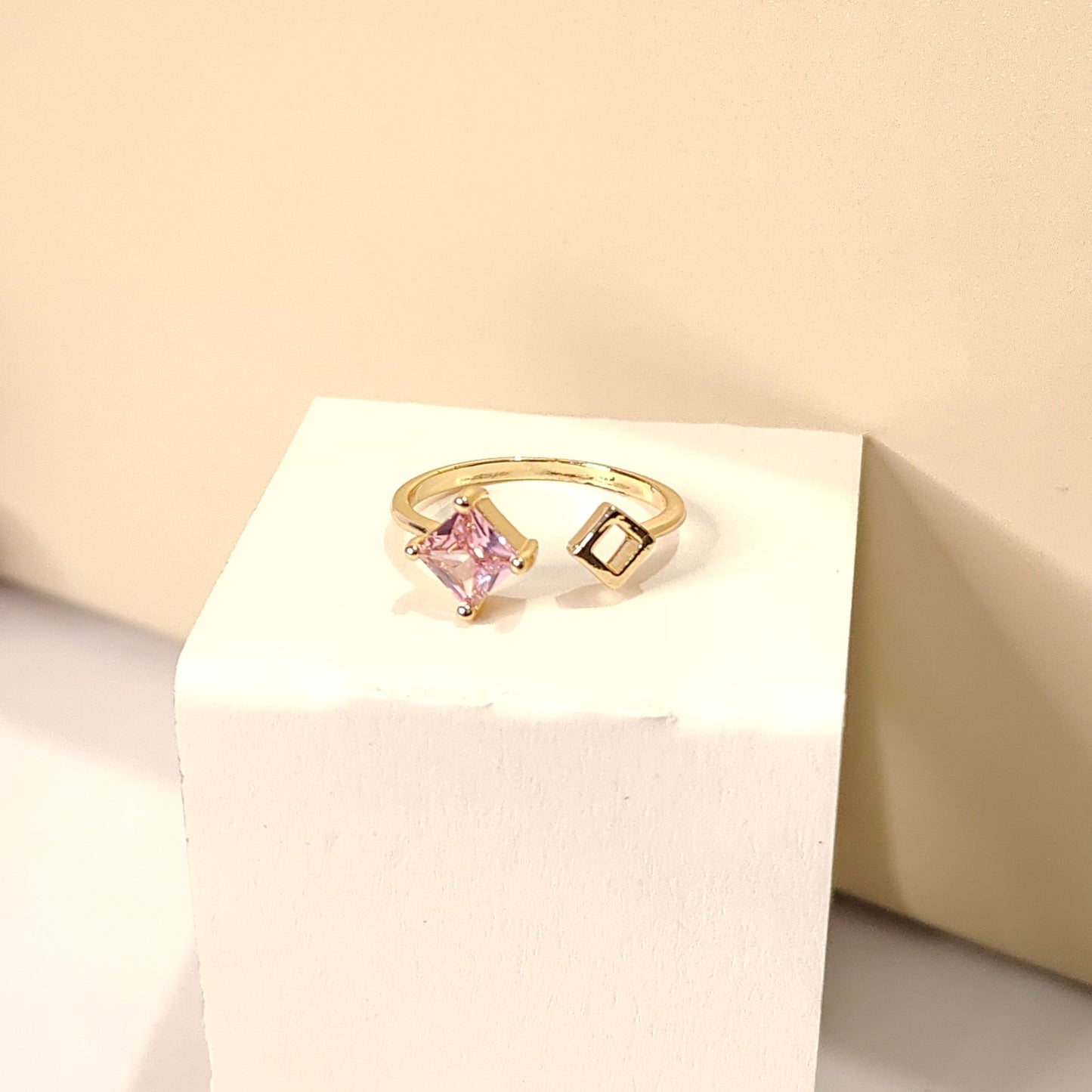 Calliope Ring | Gold Open Ring with Pink Square Gemstone & Geometric Detail