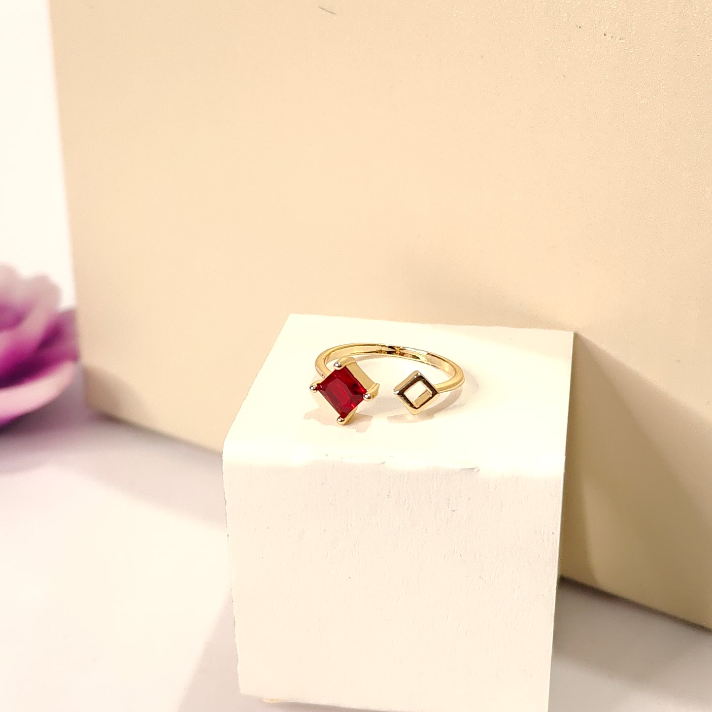 Calliope Ring | Gold Open Ring with Red Square Gemstone & Geometric Detail