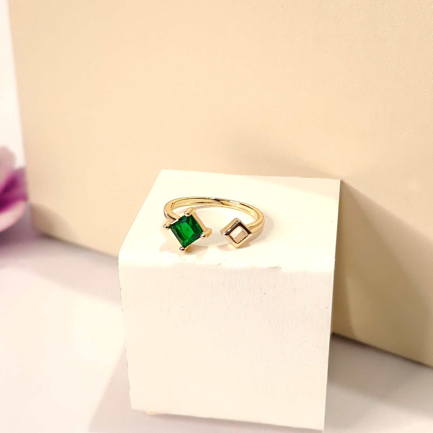 Calliope Ring | Gold Open Ring with Green Square Gemstone & Geometric Detail