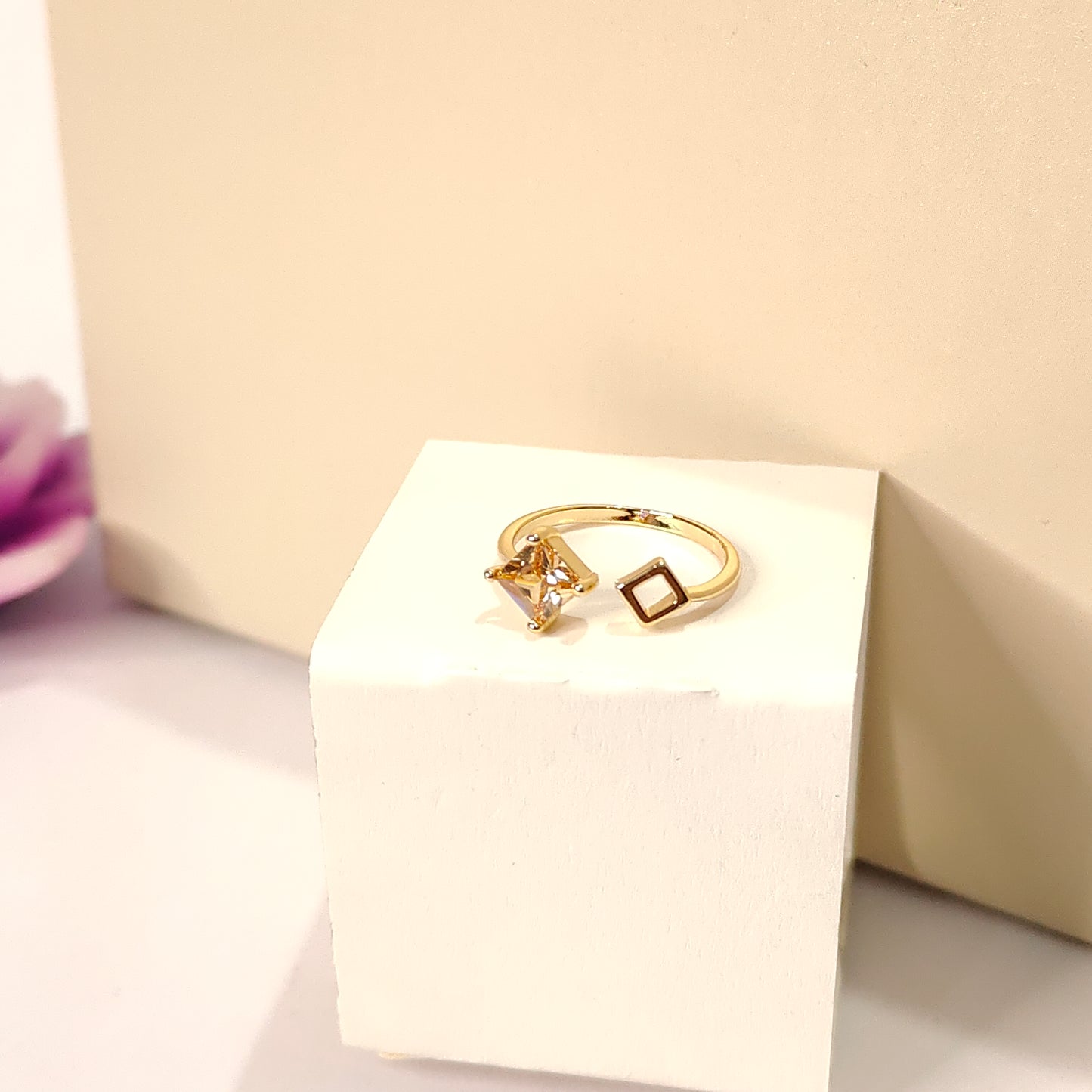 Calliope Ring | Gold Open Ring with Yellow Square Gemstone & Geometric Detail