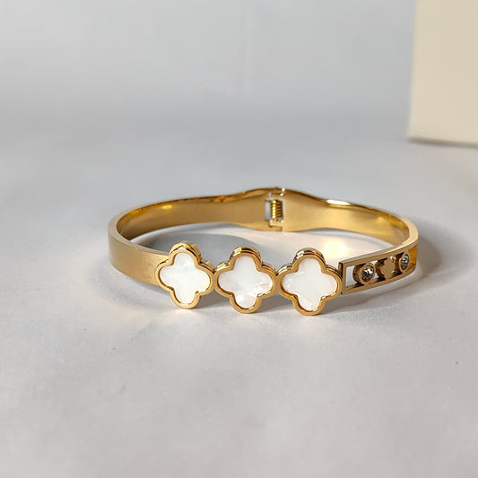 Golden Clover Charm Bangle | Elegant Mother of Pearl Bangle | Luxury Inspired Style for Women