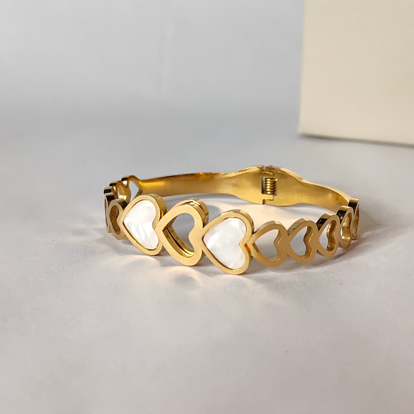 Romantic Gold Eternity Heart Bangle | White Mother of Pearl Bangle | Trendy Gift for Her