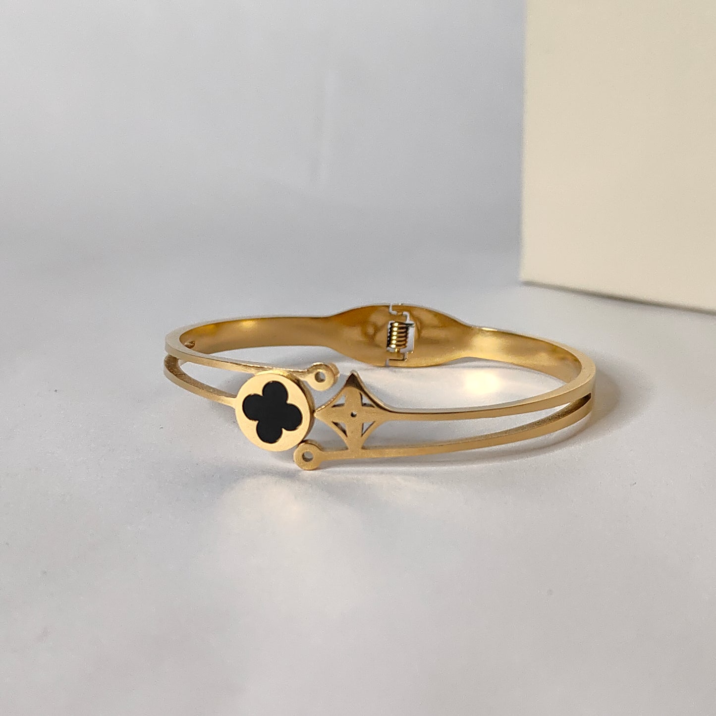 Elegant Gold Double Clover Bangle | Anti Tarnish Symbolic Bangle for Women | Modern Fashion Jewellery