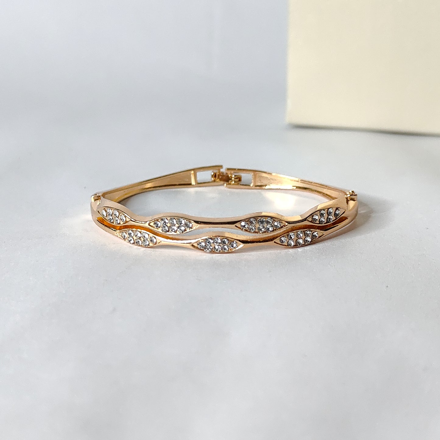 Gold Crystal Hinged Bangle | Anti Tarnish Stainless Steel Link Bracelet with Sparkling Rhinestones | Elegant Fashion Bangle for Women