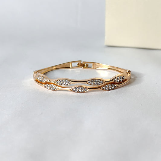 Gold Crystal Hinged Bangle | Anti Tarnish Stainless Steel Link Bracelet with Sparkling Rhinestones | Elegant Fashion Bangle for Women