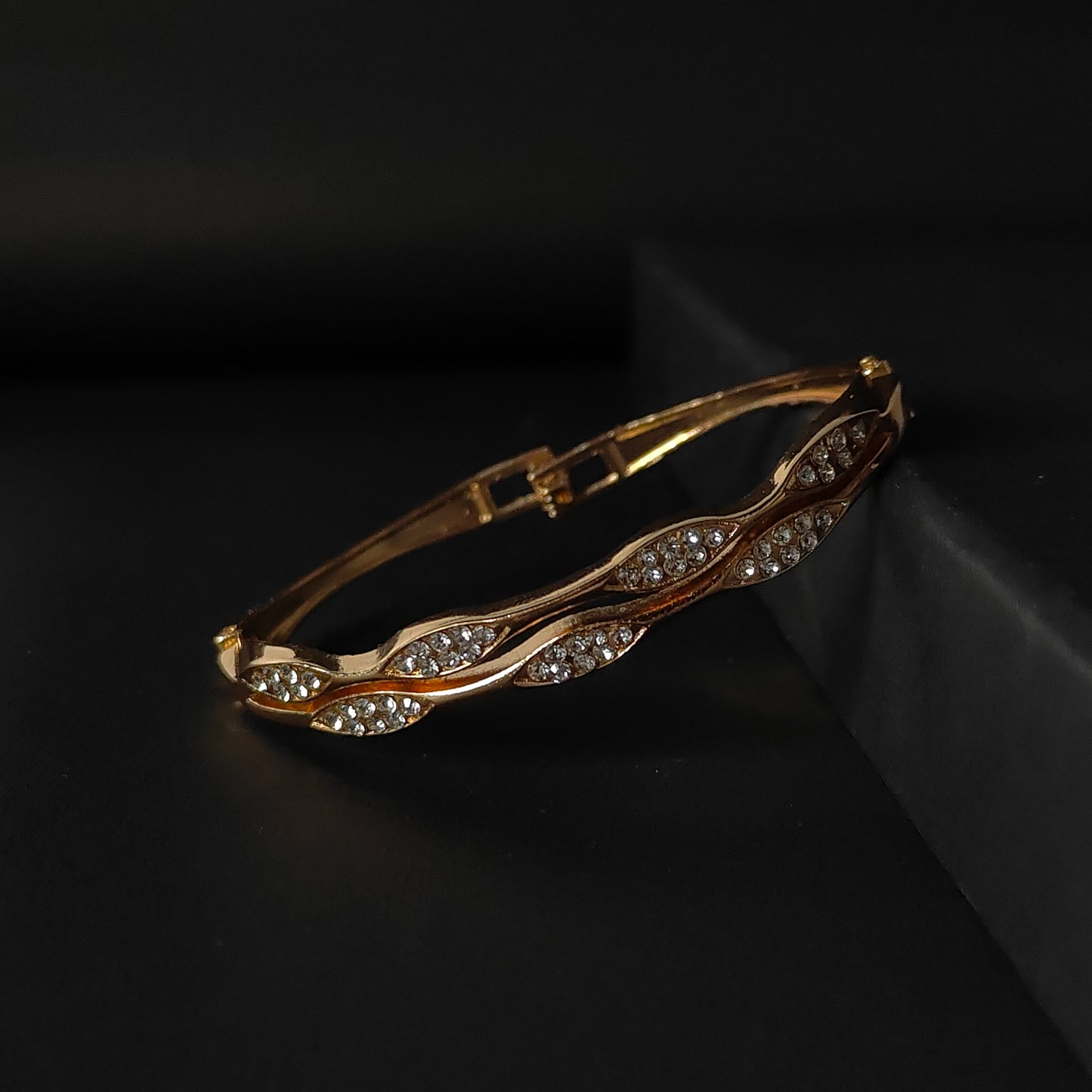 Gold Crystal Hinged Bangle | Anti Tarnish Stainless Steel Link Bracelet with Sparkling Rhinestones | Elegant Fashion Bangle for Women