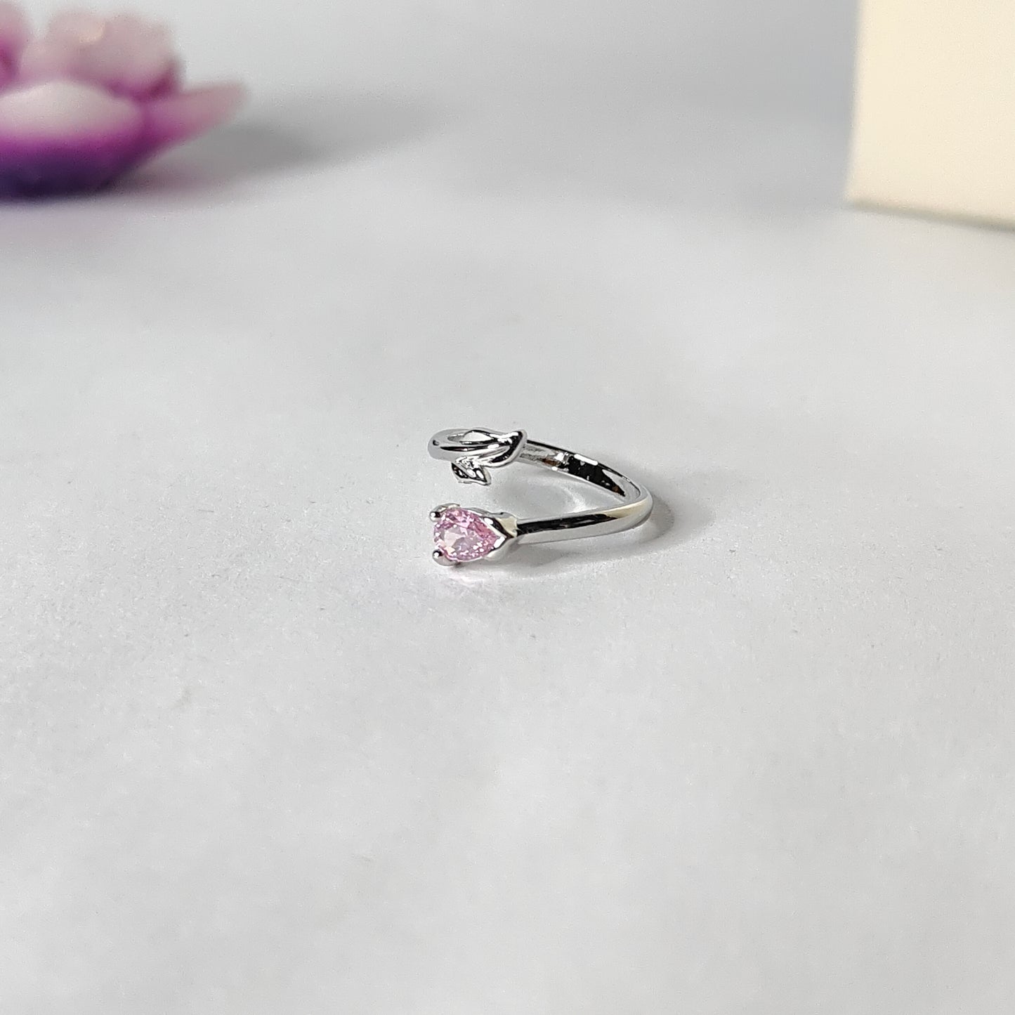 Pink CZ Bypass Ring | Silver Branch Open Ring | Modern Minimalist Pink Gemstone Ring for Women