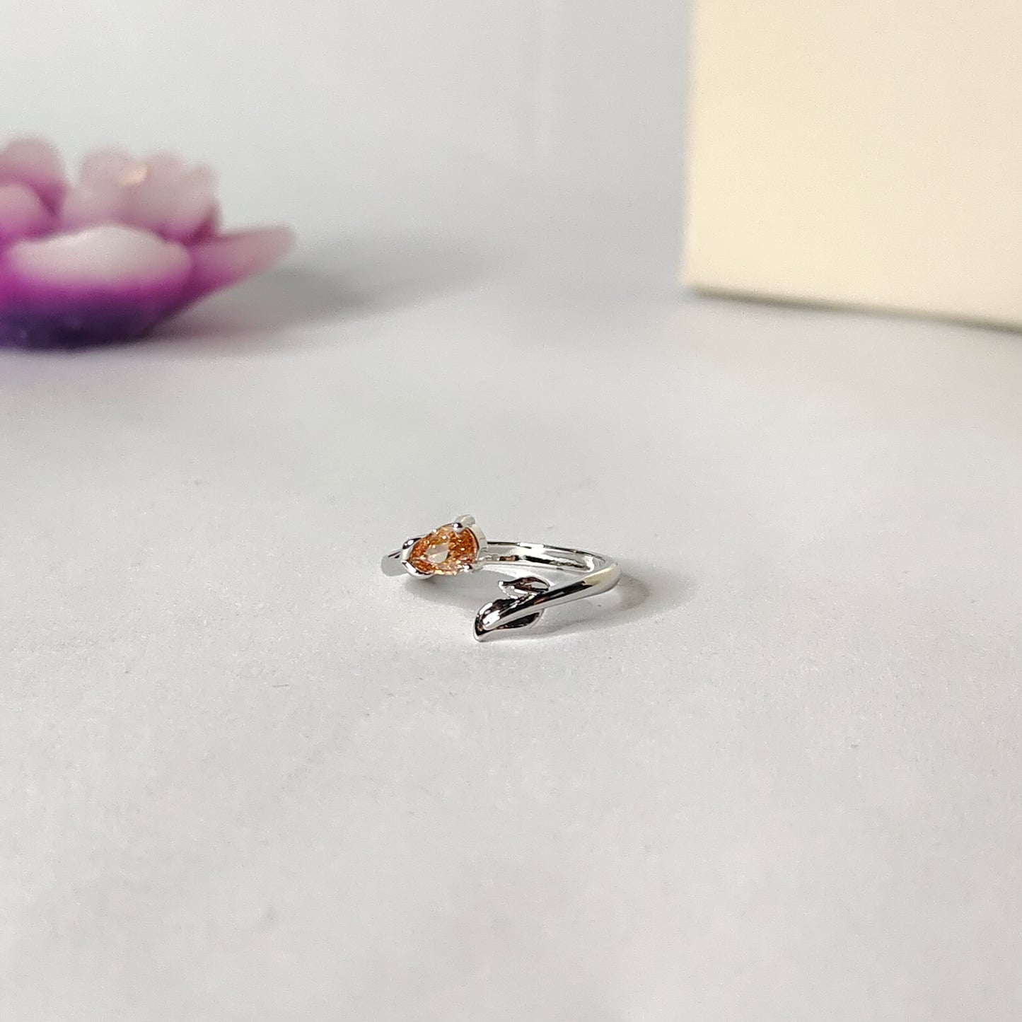 Yellow CZ Bypass Ring | Silver Branch Open Ring | Modern Minimalist Yellow Gemstone Ring for Women