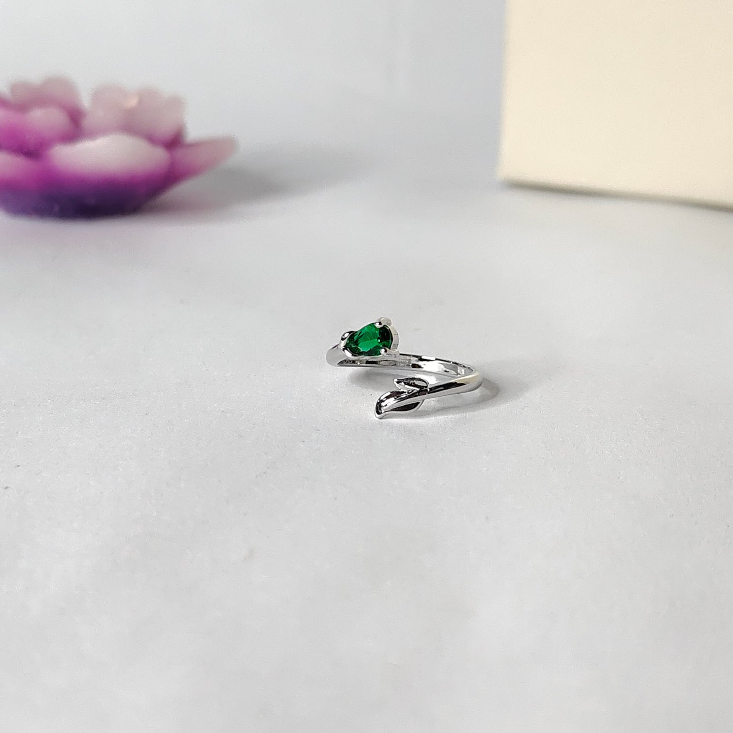 Emerald Green CZ Bypass Ring | Silver Branch Open Ring | Modern Minimalist Green Gemstone Ring for Women