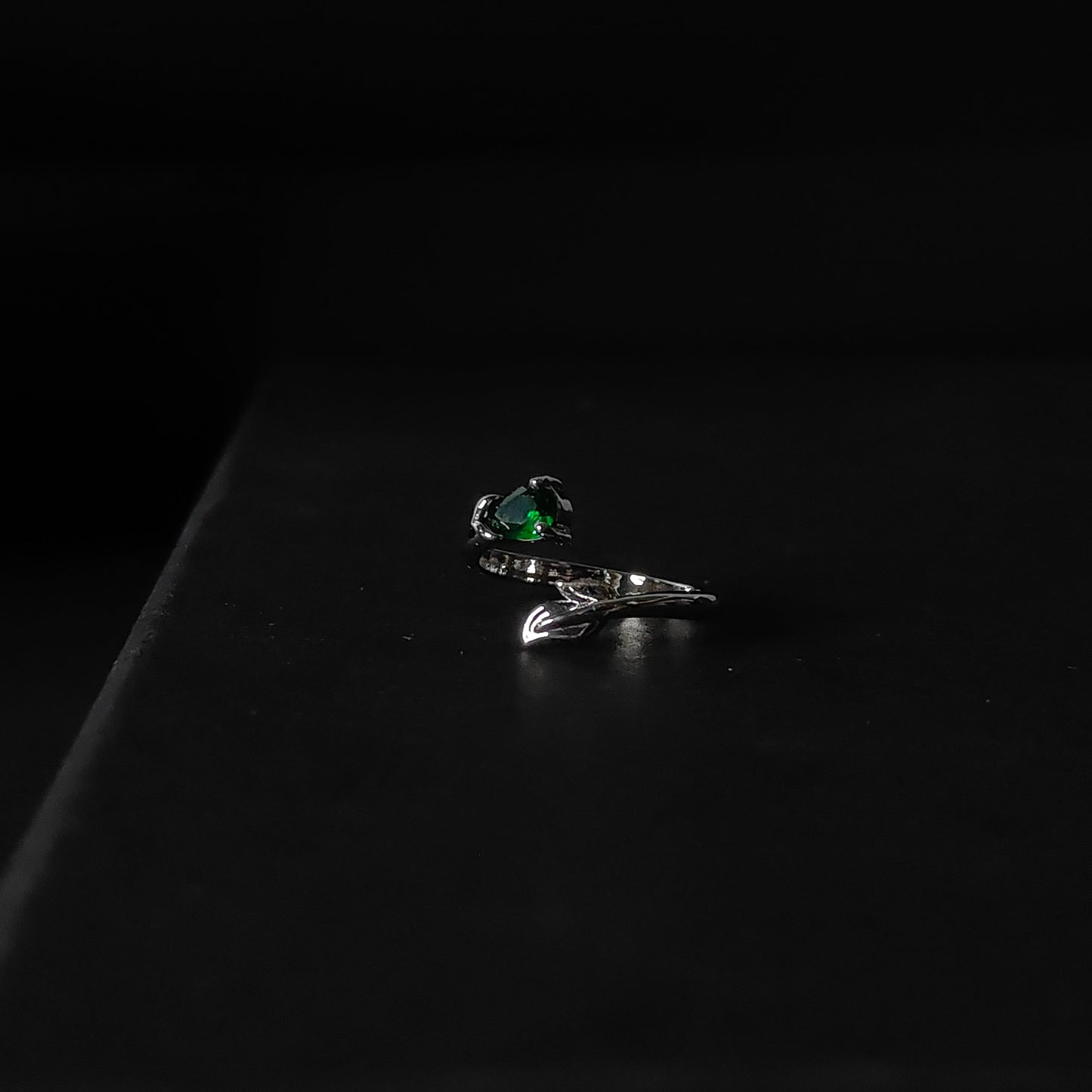 Emerald Green CZ Bypass Ring | Silver Branch Open Ring | Modern Minimalist Green Gemstone Ring for Women